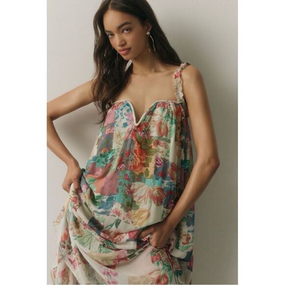NEW By Anthropologie Floral Chiffon Shift Tiered Maxi Dress X-Small Small Large - Picture 3 of 4
